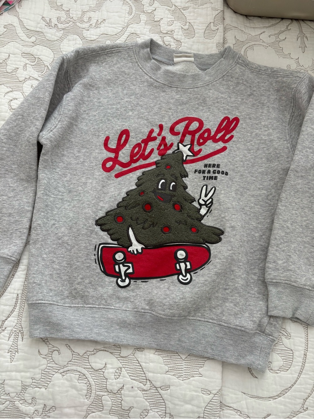 Kids' Holiday Grey 'Let's Roll' Skateboard Tree Crewneck Sweatshirt- Cotton Sz 8